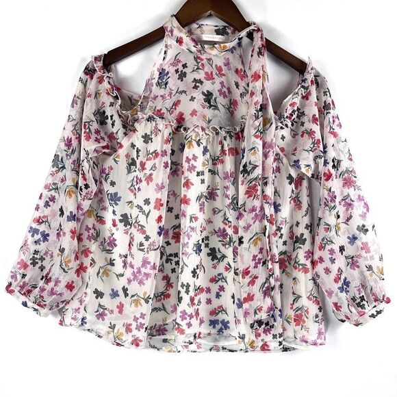 Zara Tops - Zara Trafaluc Sheer Feminine Ruffled Floral Cold‎ Shoulder Lined Blouse XS